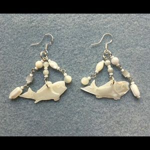 Mother of Pearl Fish Charm & Bead Drop Earrings